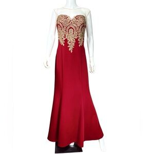 Prom Dress Deep Red Gold Accents Medium